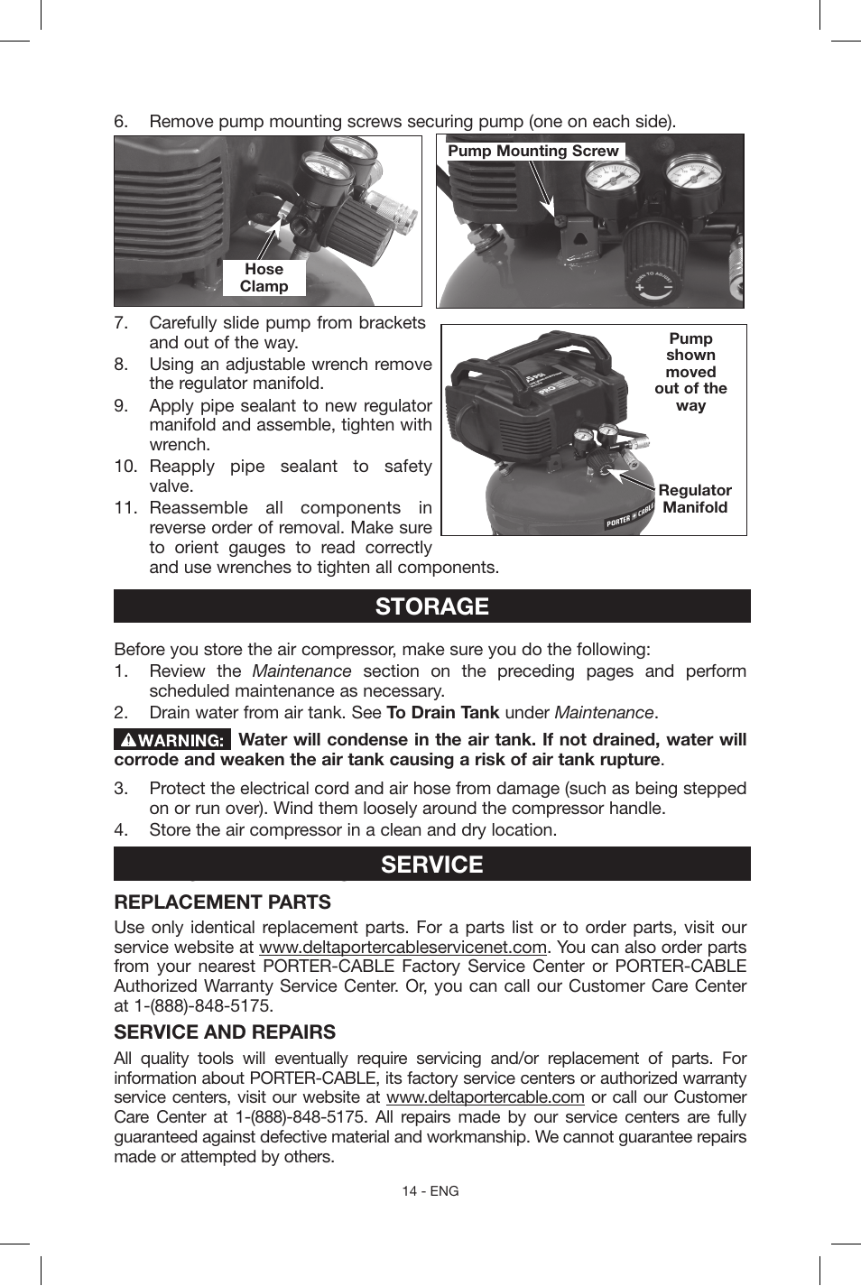 Storage, Service, Replacement parts | Porter-Cable C2004 User Manual | Page 14 / 64