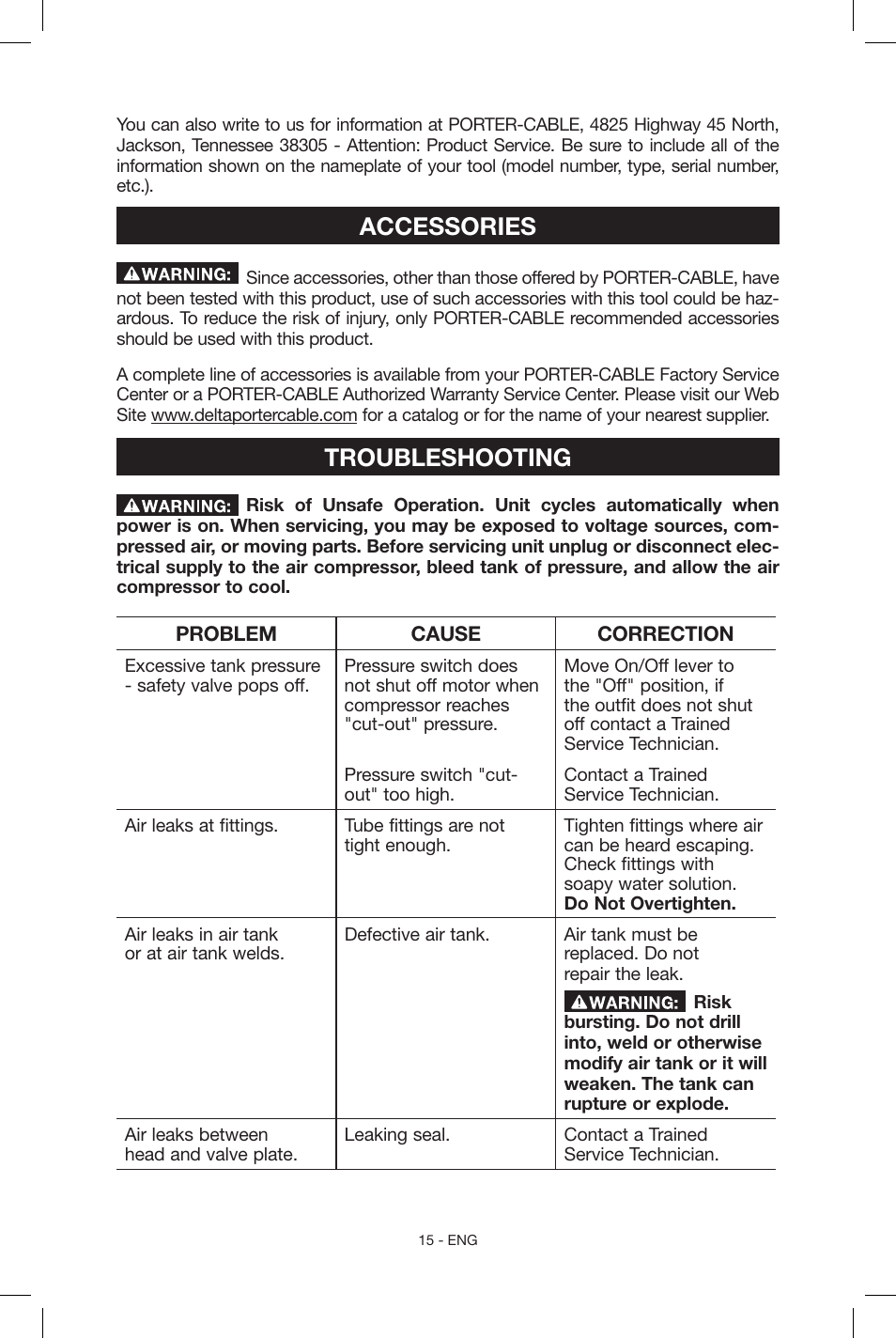 Accessories, Troubleshooting | Porter-Cable C2004 User Manual | Page 15 / 64