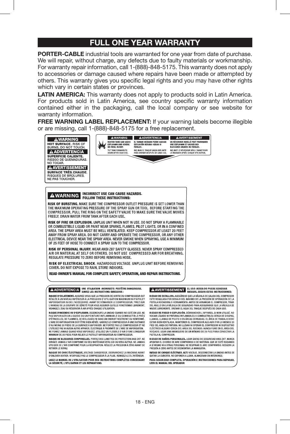 Full one year warranty | Porter-Cable C2004 User Manual | Page 18 / 64