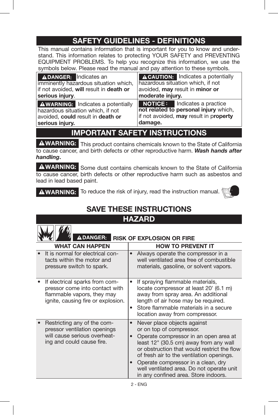 Safety guidelines - definitions, Important safety instructions, Save these instructions hazard | Porter-Cable C2004 User Manual | Page 2 / 64
