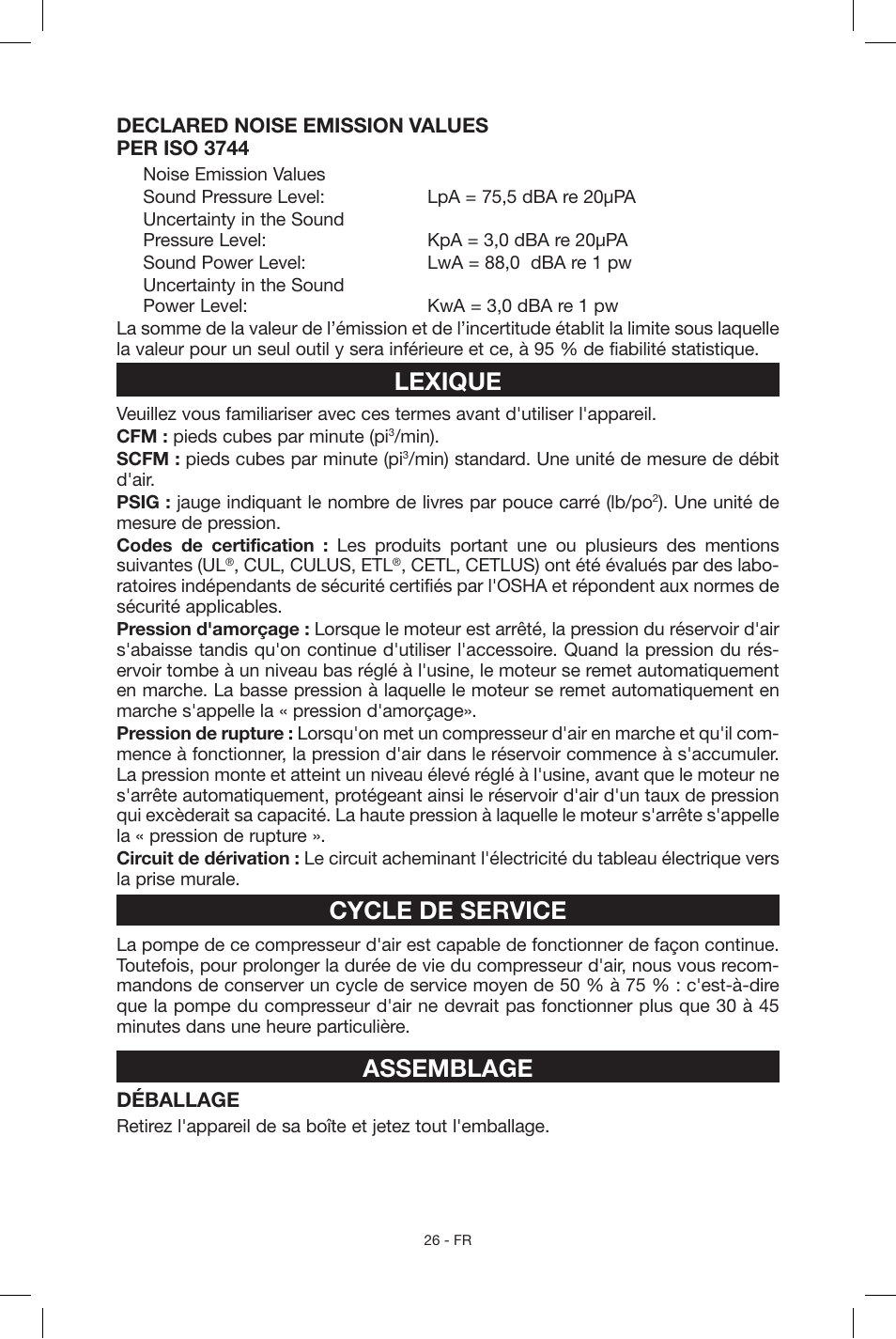 Lexique, Cycle de service, Assemblage | Porter-Cable C2004 User Manual | Page 26 / 64