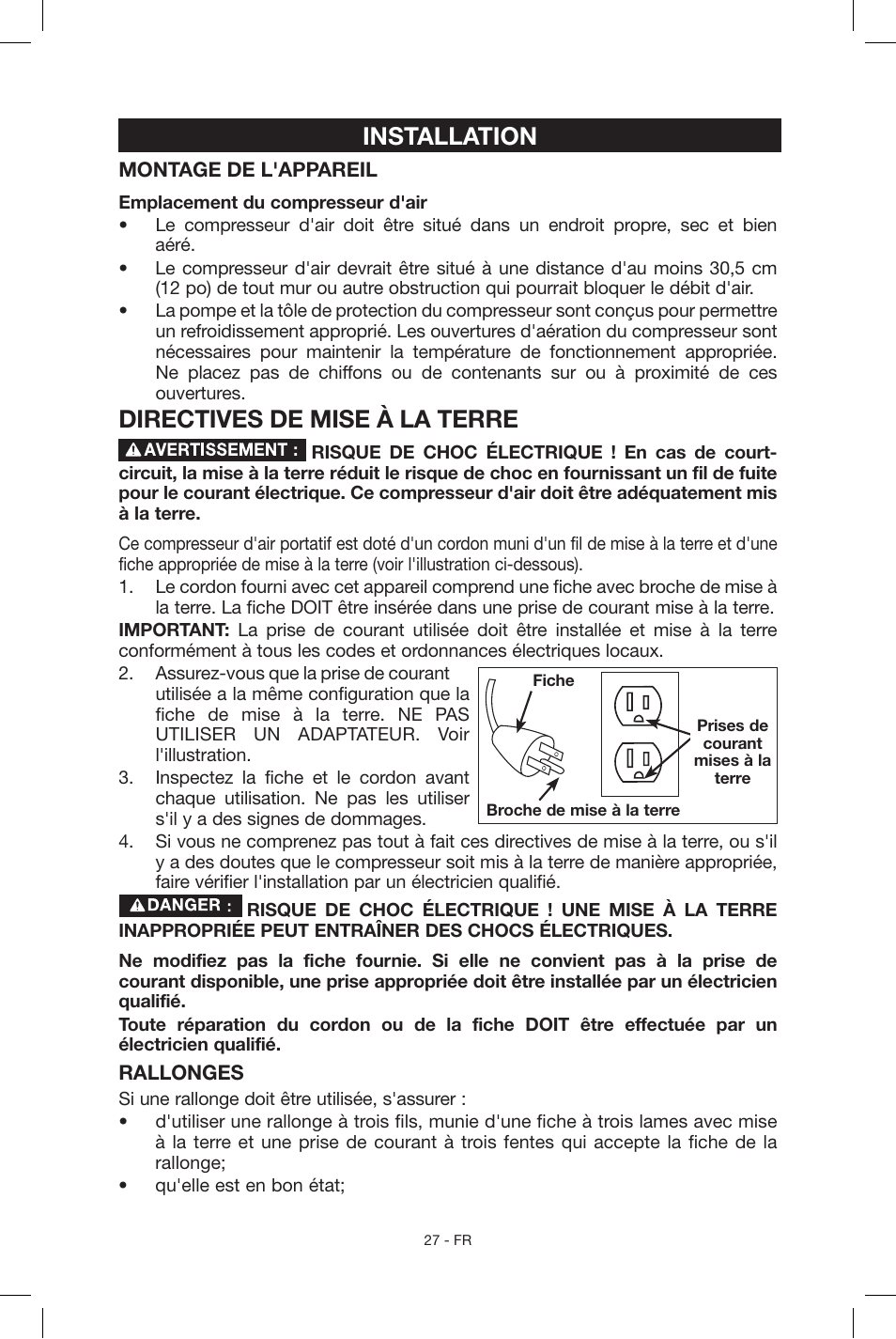 Installation, Directives de mise à la terre | Porter-Cable C2004 User Manual | Page 27 / 64