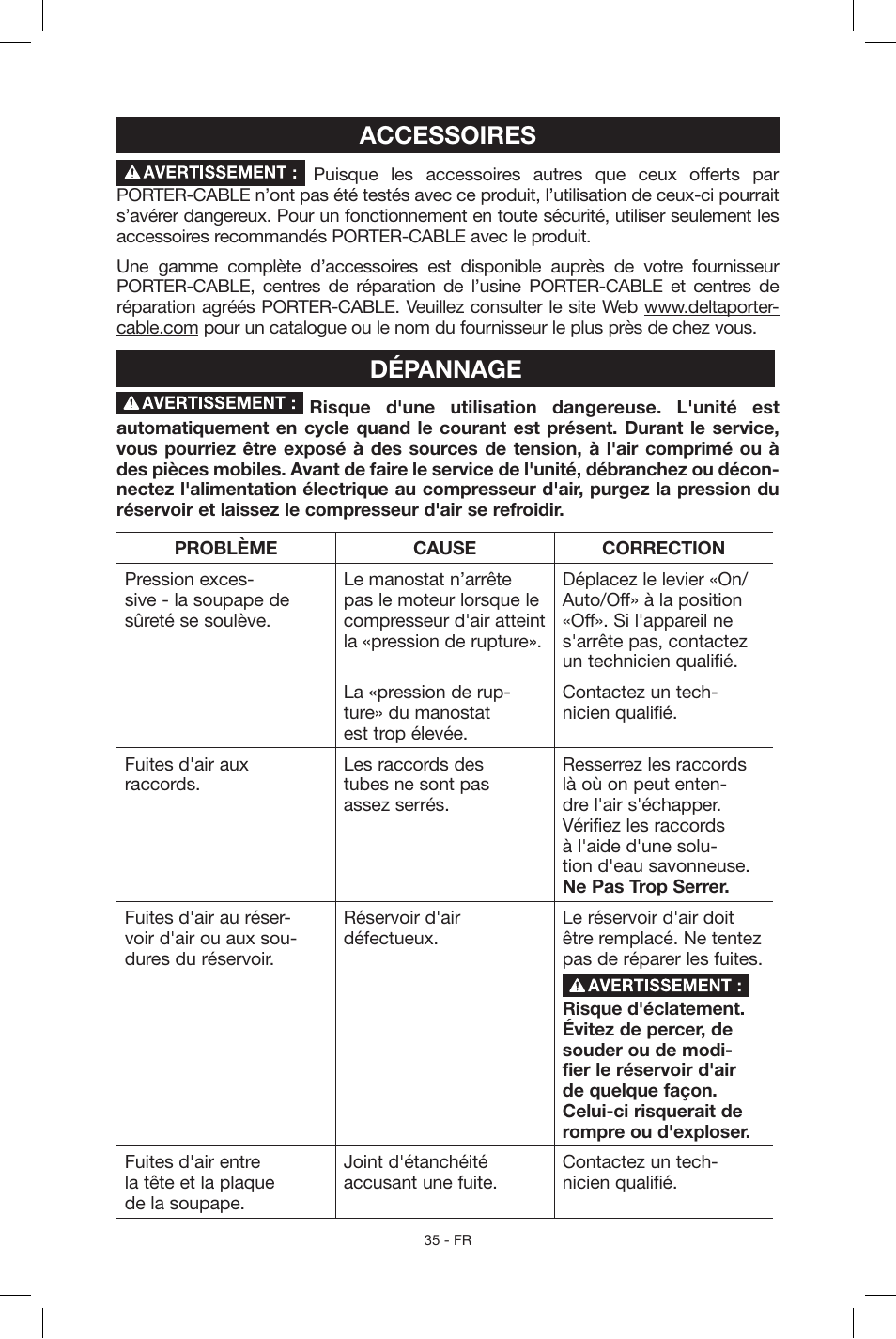 Accessoires, Dépannage | Porter-Cable C2004 User Manual | Page 35 / 64