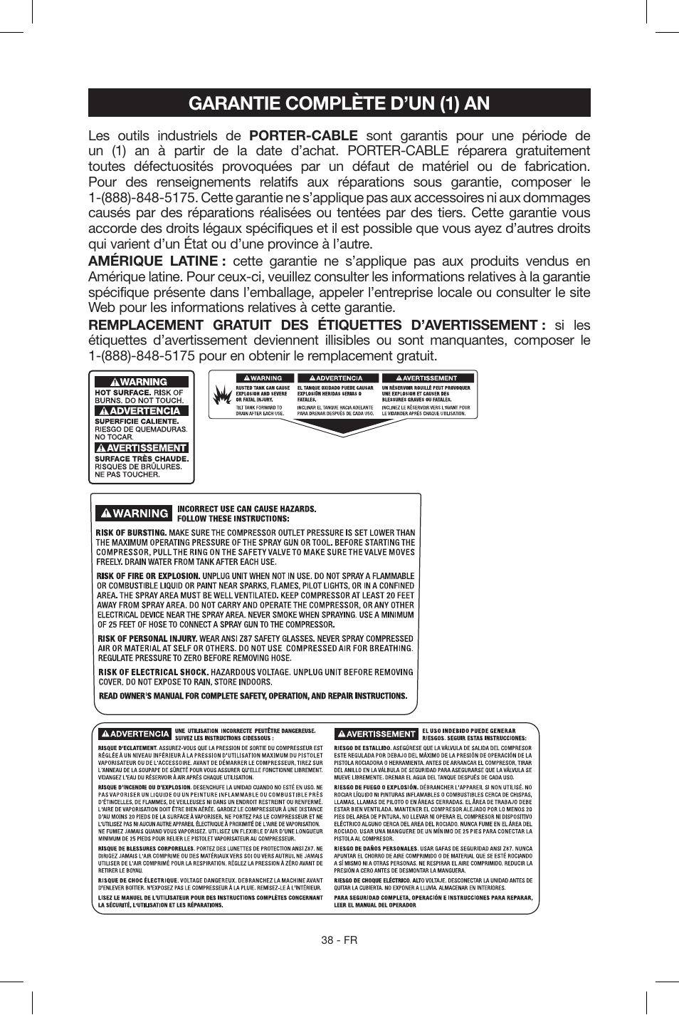 Garantie complète d’un (1) an | Porter-Cable C2004 User Manual | Page 38 / 64