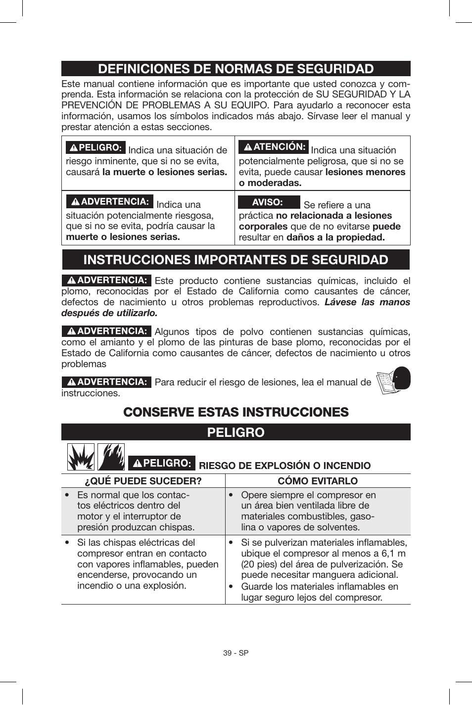 Definiciones de normas de seguridad, Instrucciones importantes de seguridad, Conserve estas instrucciones peligro | Porter-Cable C2004 User Manual | Page 39 / 64