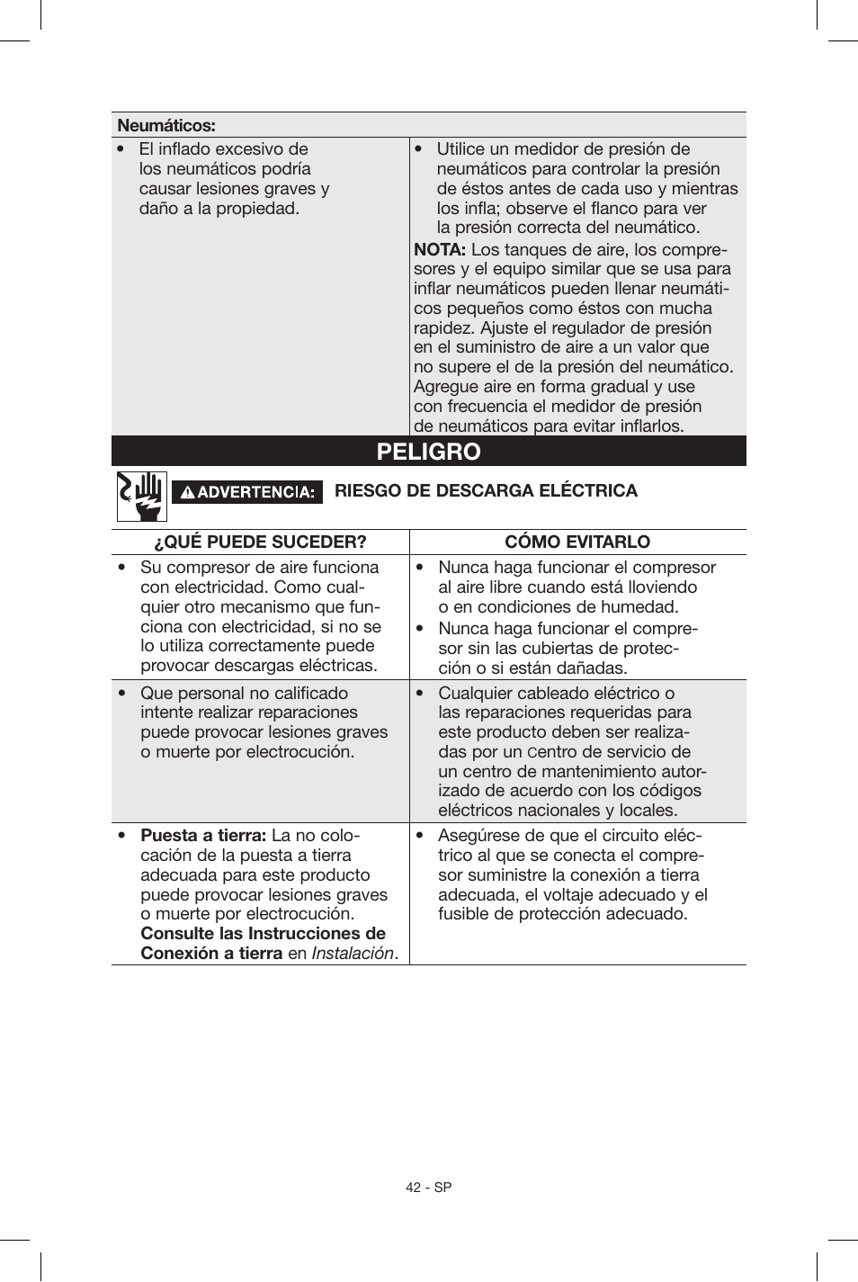 Peligro | Porter-Cable C2004 User Manual | Page 42 / 64