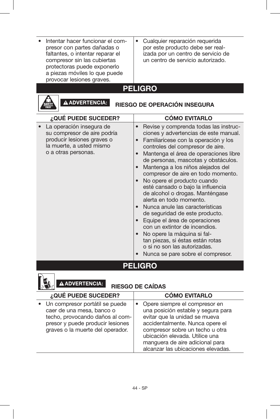 Peligro | Porter-Cable C2004 User Manual | Page 44 / 64