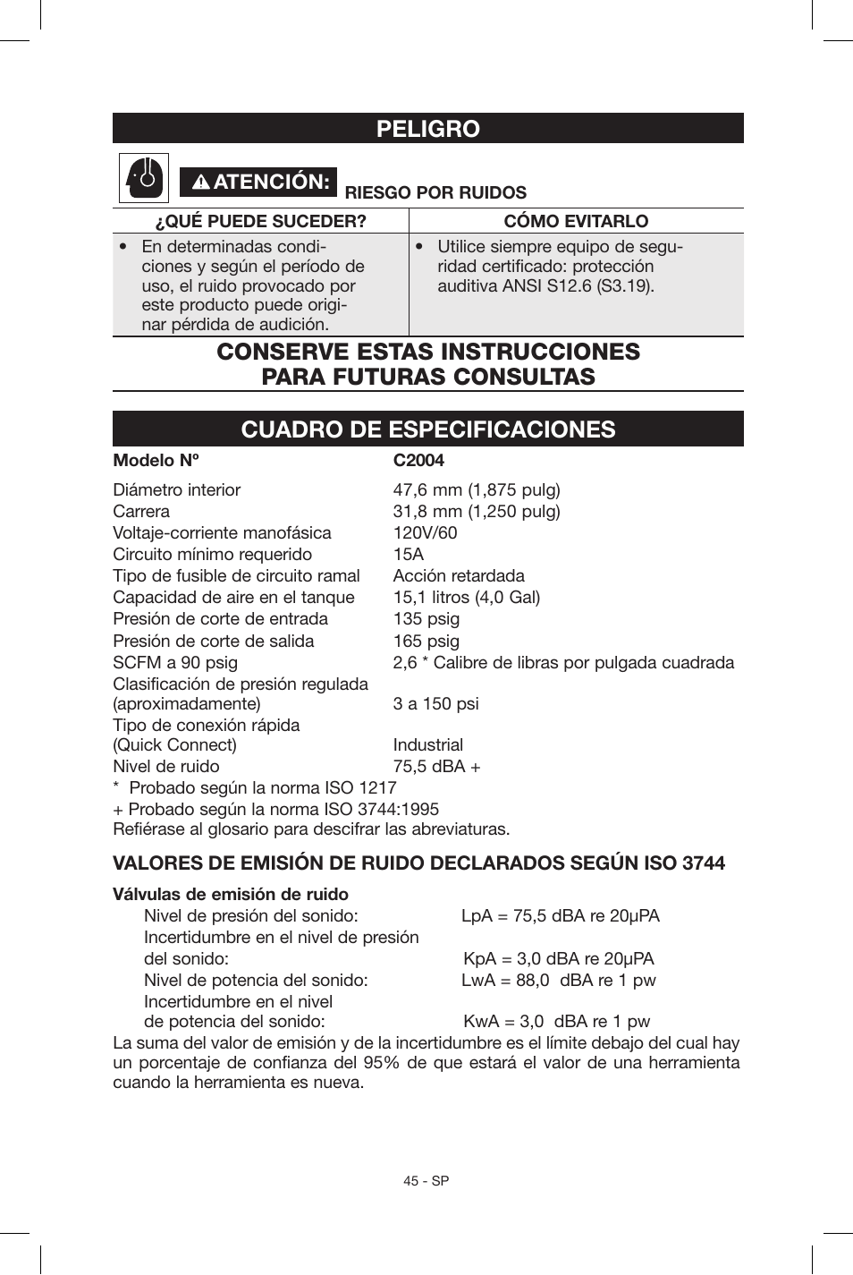 Peligro, Cuadro de especificaciones | Porter-Cable C2004 User Manual | Page 45 / 64