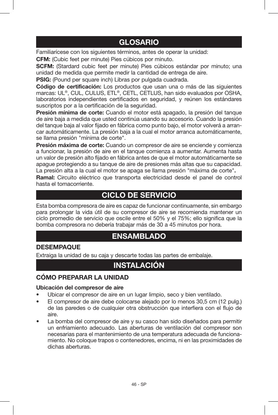 Glosario, Ciclo de servicio, Ensamblado | Instalación | Porter-Cable C2004 User Manual | Page 46 / 64