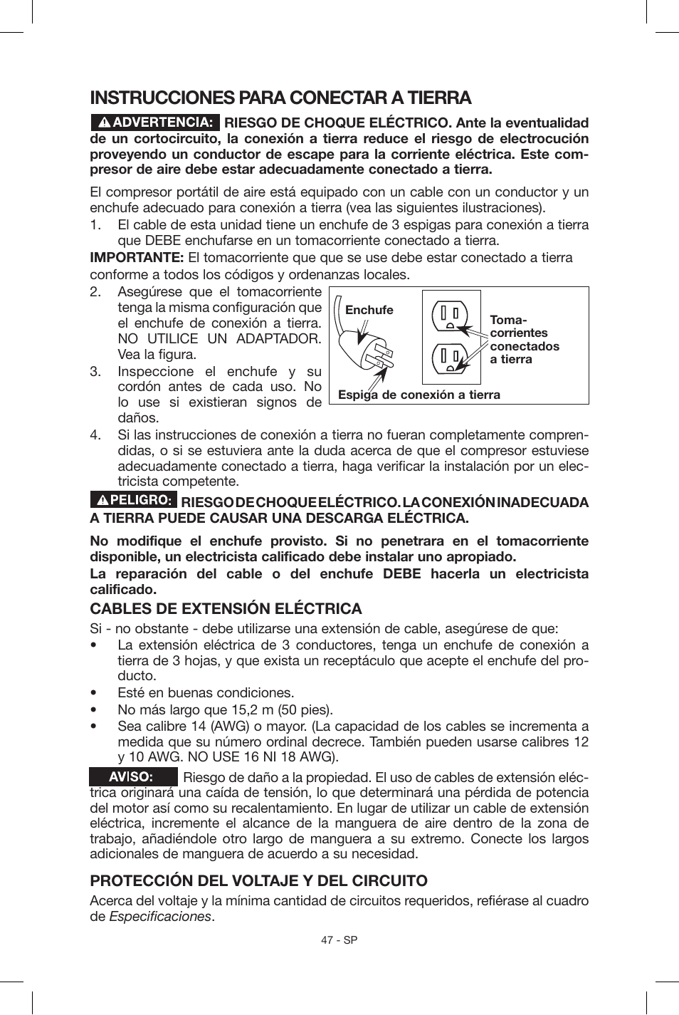 Instrucciones para conectar a tierra | Porter-Cable C2004 User Manual | Page 47 / 64