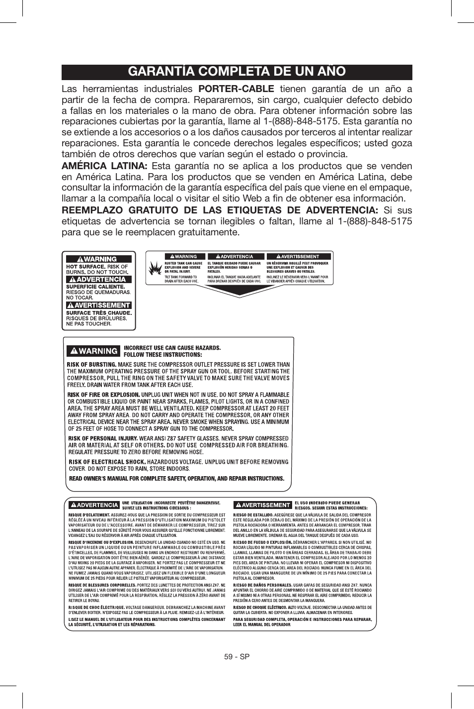 Garantía completa de un año | Porter-Cable C2004 User Manual | Page 59 / 64