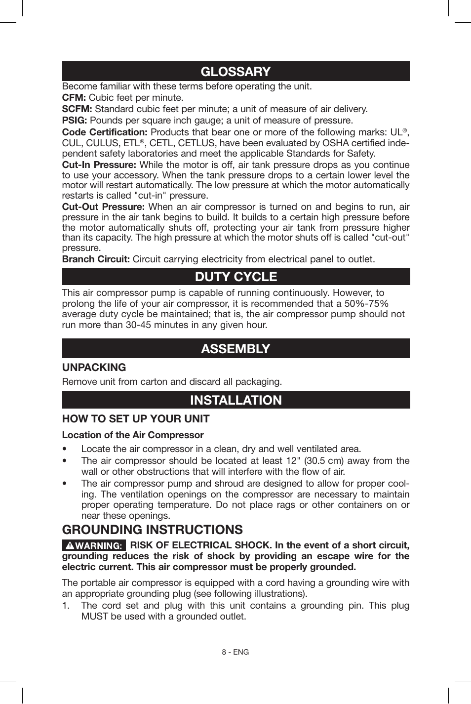 Glossary, Duty cycle, Assembly | Installation, Grounding instructions | Porter-Cable C2004 User Manual | Page 8 / 64