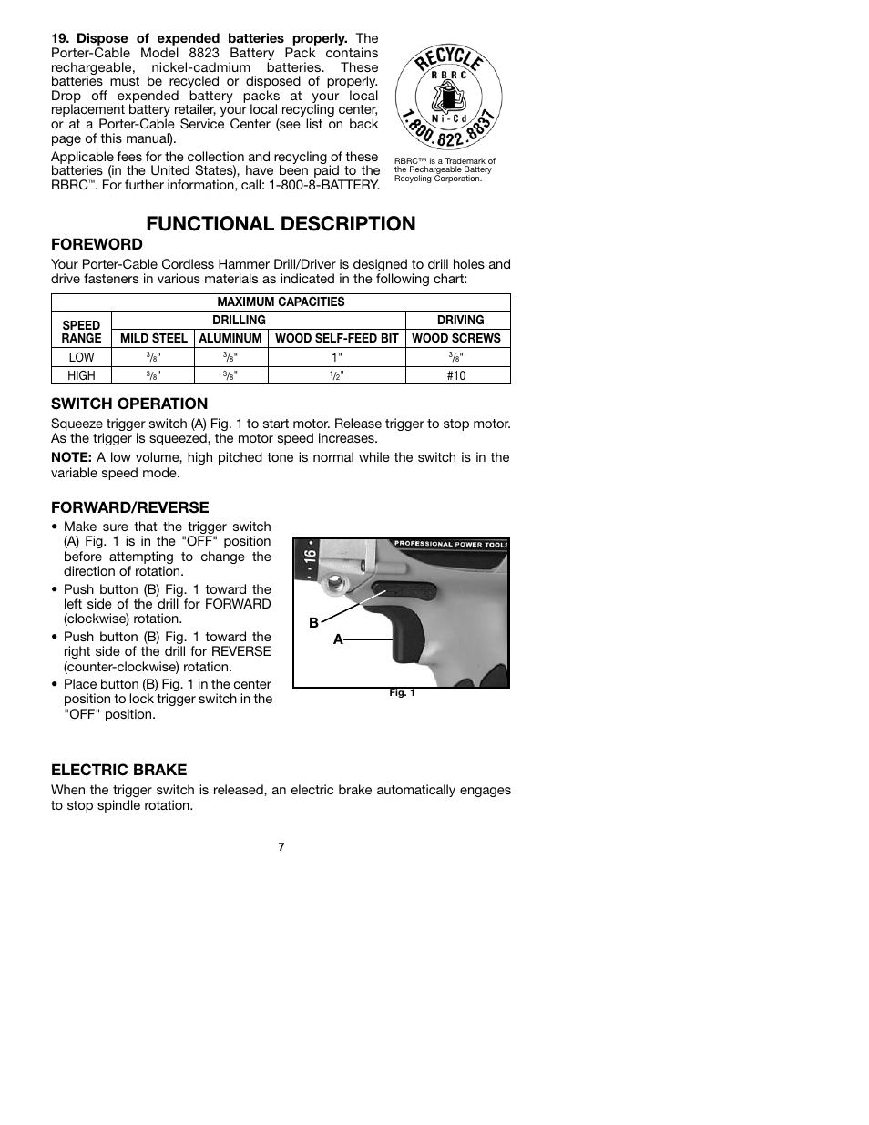 Functional description, Foreword, Switch operation | Forward/reverse, Electric brake | Porter-Cable 8623 User Manual | Page 7 / 19