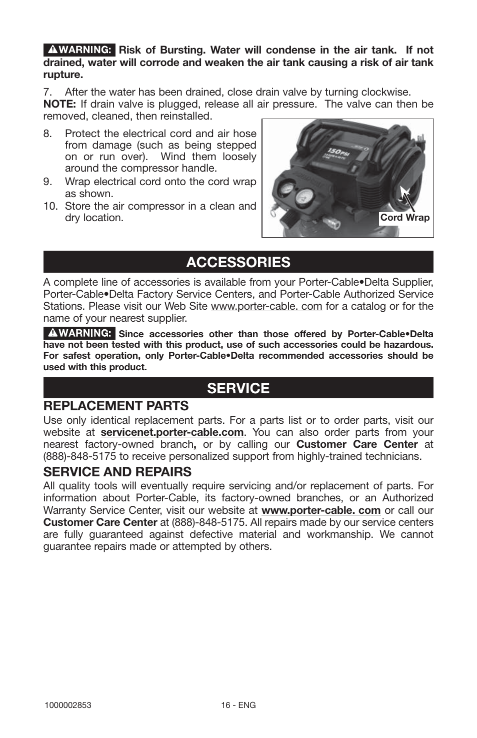 Accessories, Service, Replacement parts | Service and repairs | Porter-Cable 1000002853 User Manual | Page 16 / 68