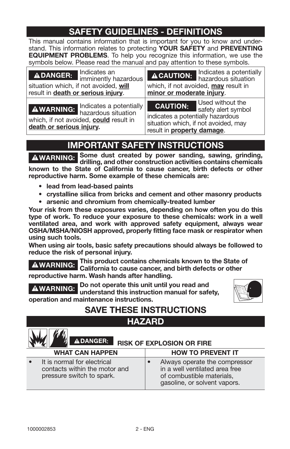 Safety guidelines - definitions, Important safety instructions, Save these instructions hazard | Porter-Cable 1000002853 User Manual | Page 2 / 68