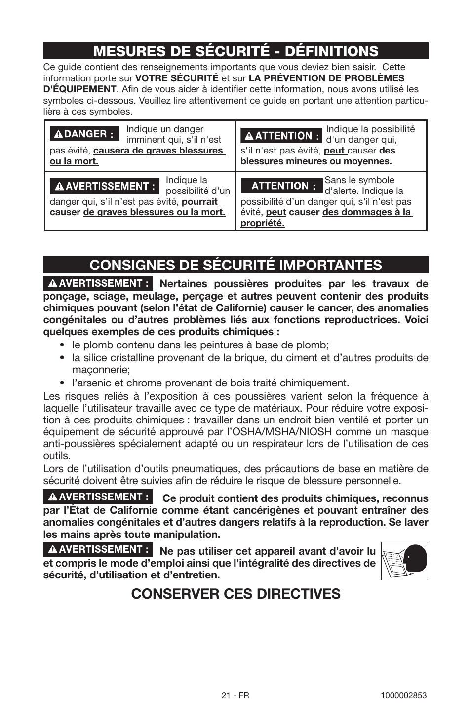 Mesures de sécurité - définitions, Consignes de sécurité importantes, Conserver ces directives | Porter-Cable 1000002853 User Manual | Page 21 / 68