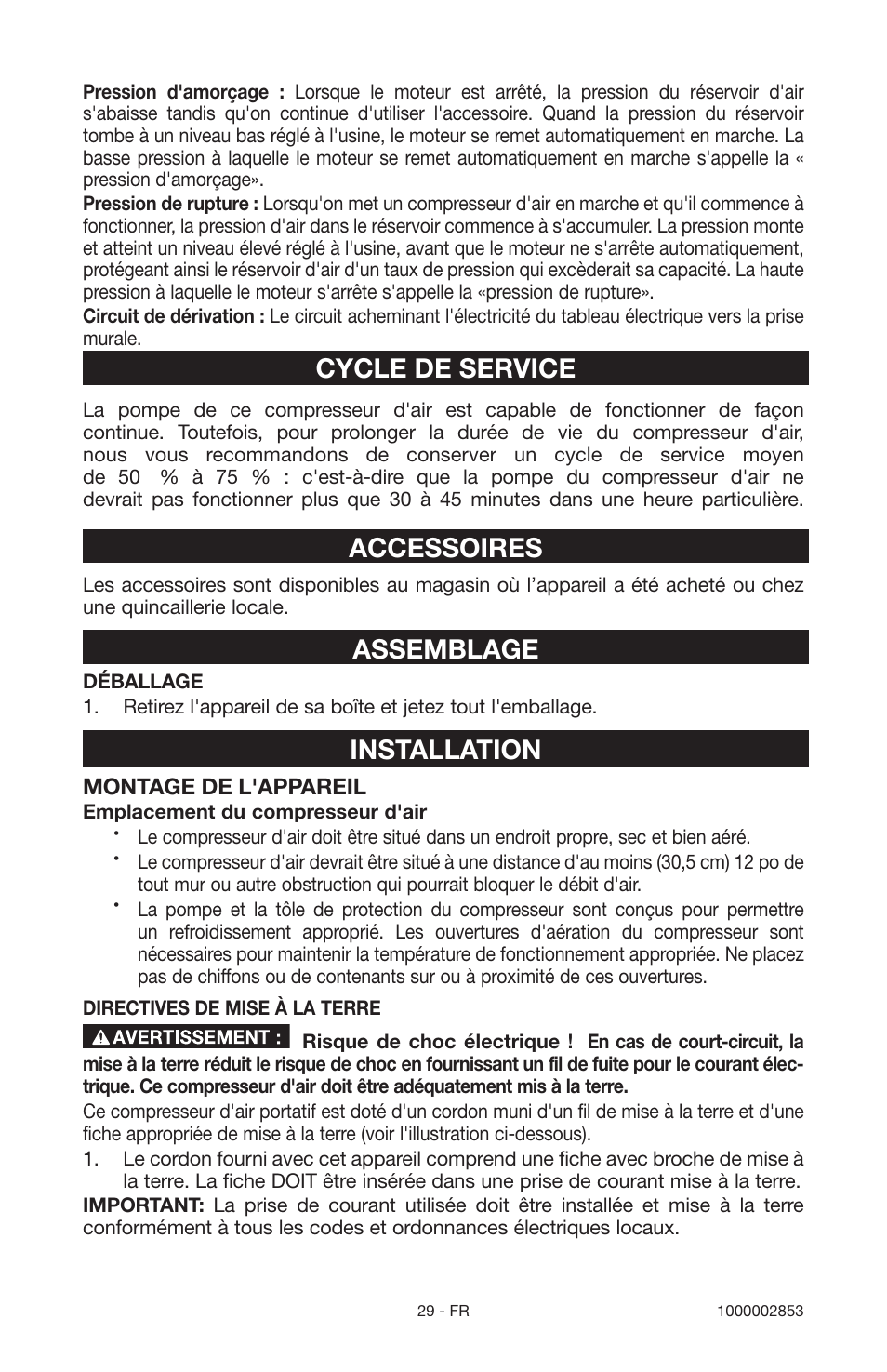 Cycle de service, Accessoires, Assemblage | Installation | Porter-Cable 1000002853 User Manual | Page 29 / 68