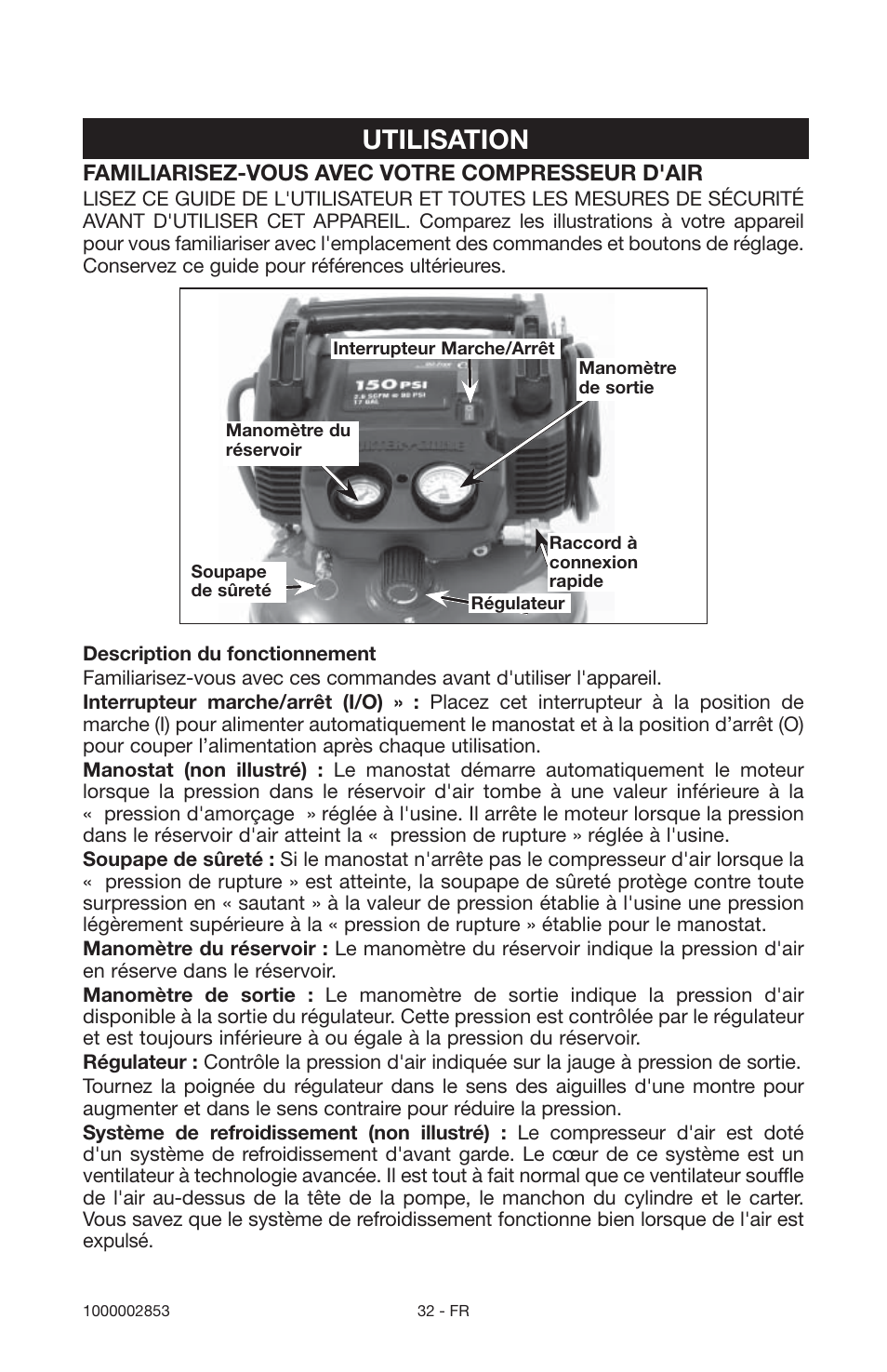 Utilisation, Familiarisez-vous avec votre compresseur d'air | Porter-Cable 1000002853 User Manual | Page 32 / 68