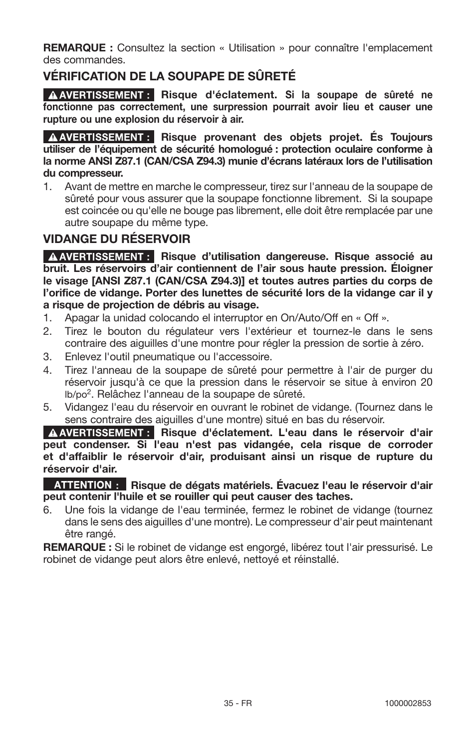 Vérification de la soupape de sûreté, Vidange du réservoir | Porter-Cable 1000002853 User Manual | Page 35 / 68
