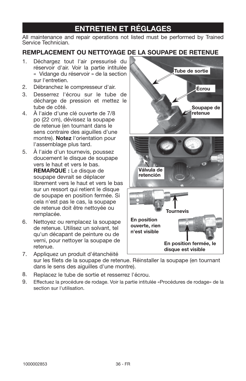 Entretien et réglages, Remplacement ou nettoyage de la soupape de retenue | Porter-Cable 1000002853 User Manual | Page 36 / 68