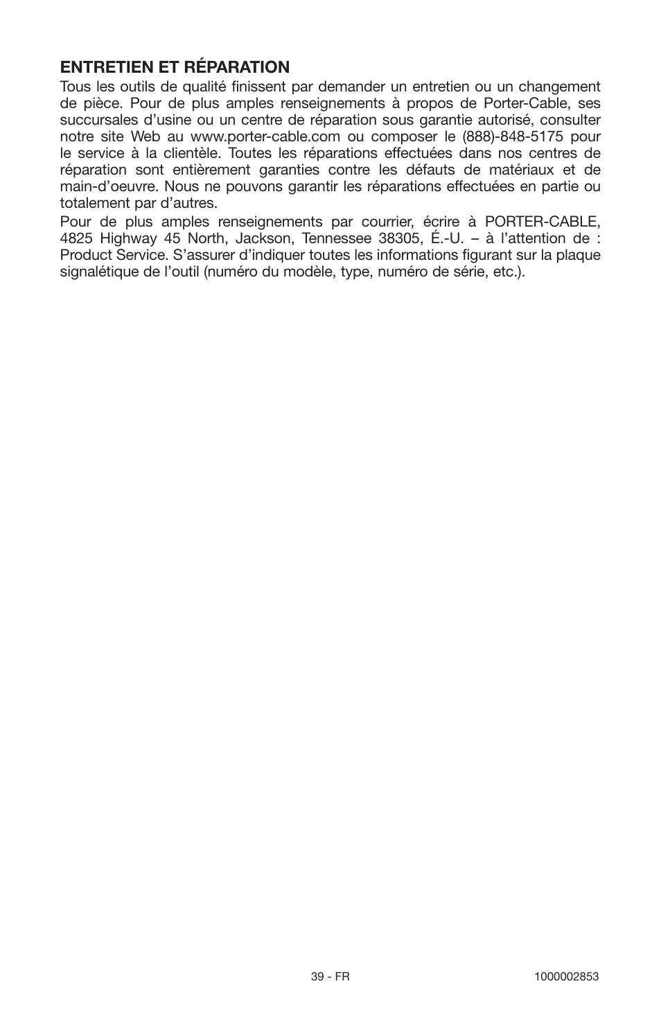 Entretien et réparation | Porter-Cable 1000002853 User Manual | Page 39 / 68