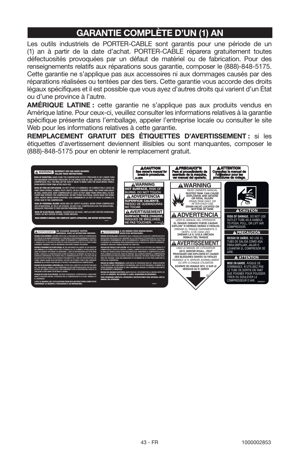 Garantie complète d’un (1) an, Warning, Advertencia avertissement | Porter-Cable 1000002853 User Manual | Page 43 / 68