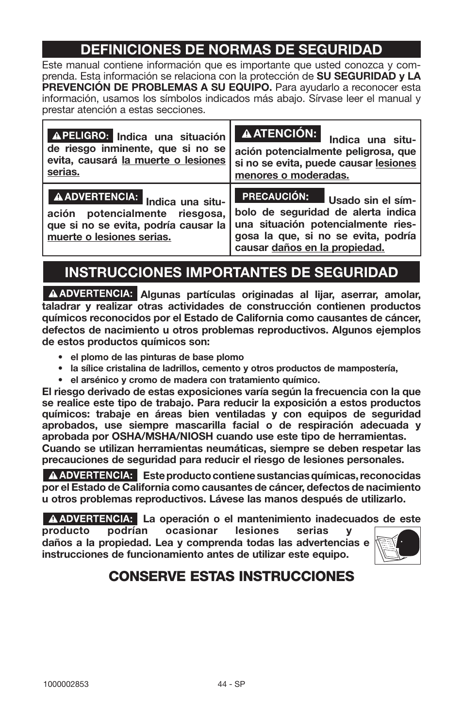 Definiciones de normas de seguridad, Instrucciones importantes de seguridad, Conserve estas instrucciones | Porter-Cable 1000002853 User Manual | Page 44 / 68