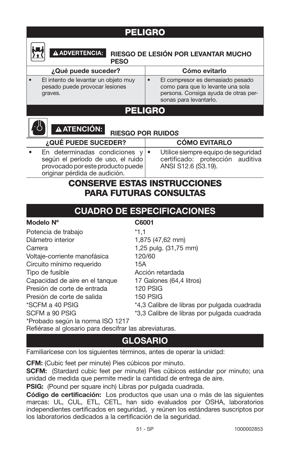 Peligro, Cuadro de especificaciones, Glosario | Porter-Cable 1000002853 User Manual | Page 51 / 68