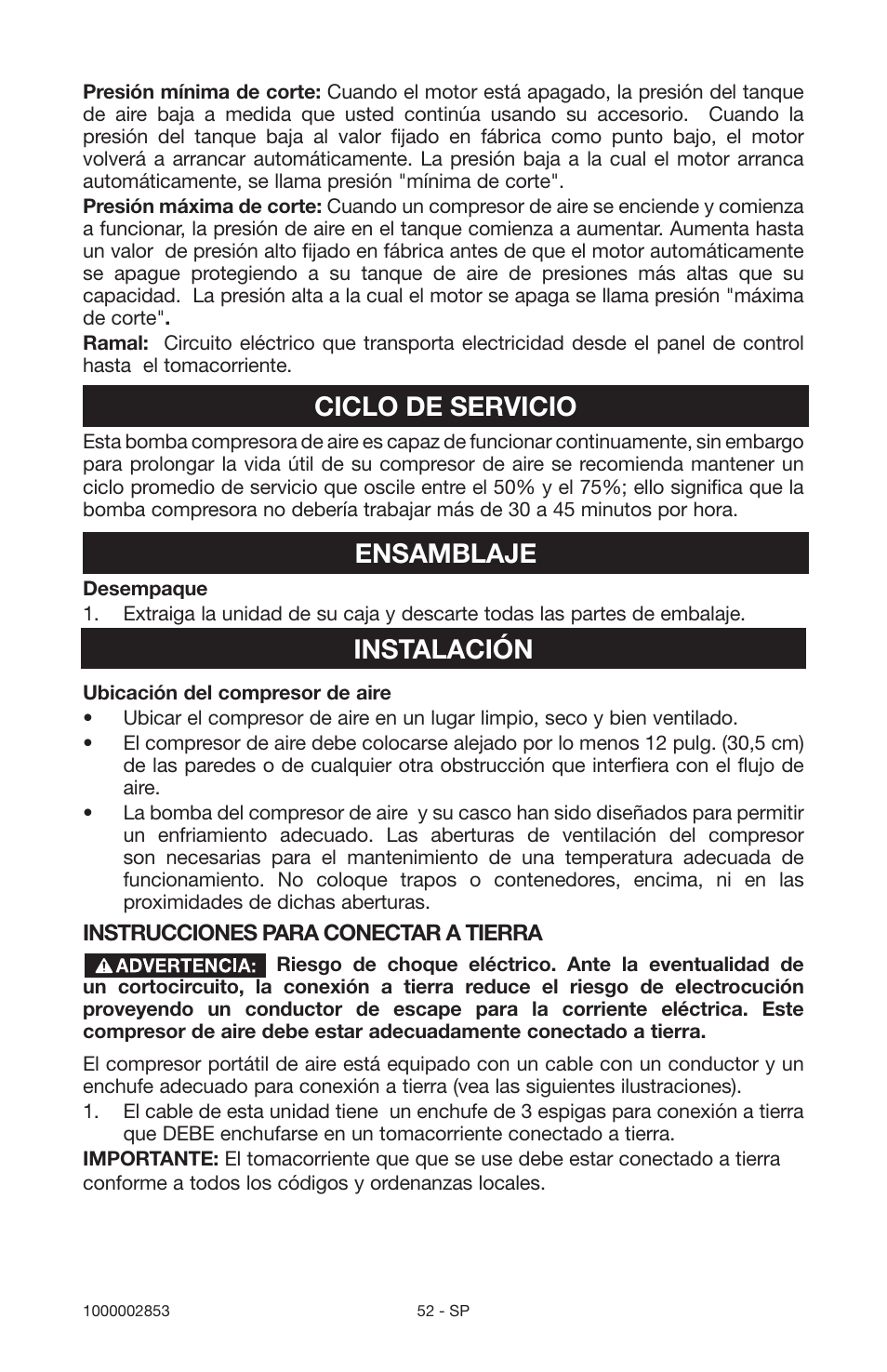 Ciclo de servicio, Ensamblaje, Instalación | Porter-Cable 1000002853 User Manual | Page 52 / 68