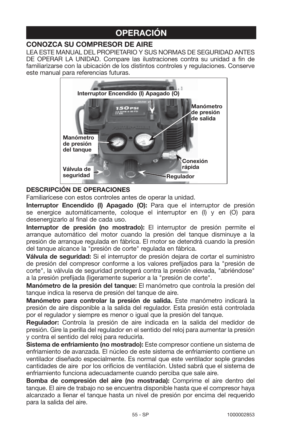Operación, Conozca su compresor de aire | Porter-Cable 1000002853 User Manual | Page 55 / 68