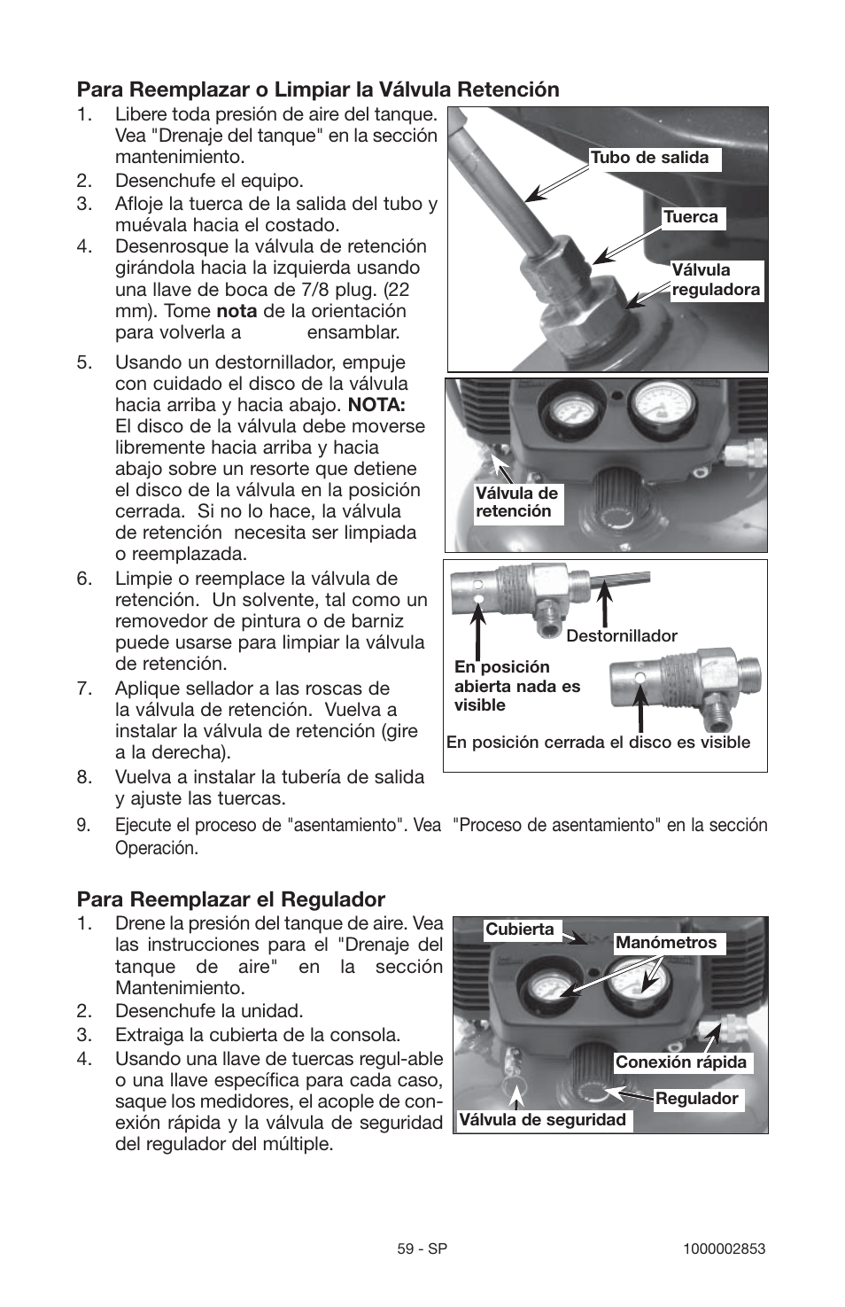 Para reemplazar o limpiar la válvula retención, Para reemplazar el regulador | Porter-Cable 1000002853 User Manual | Page 59 / 68