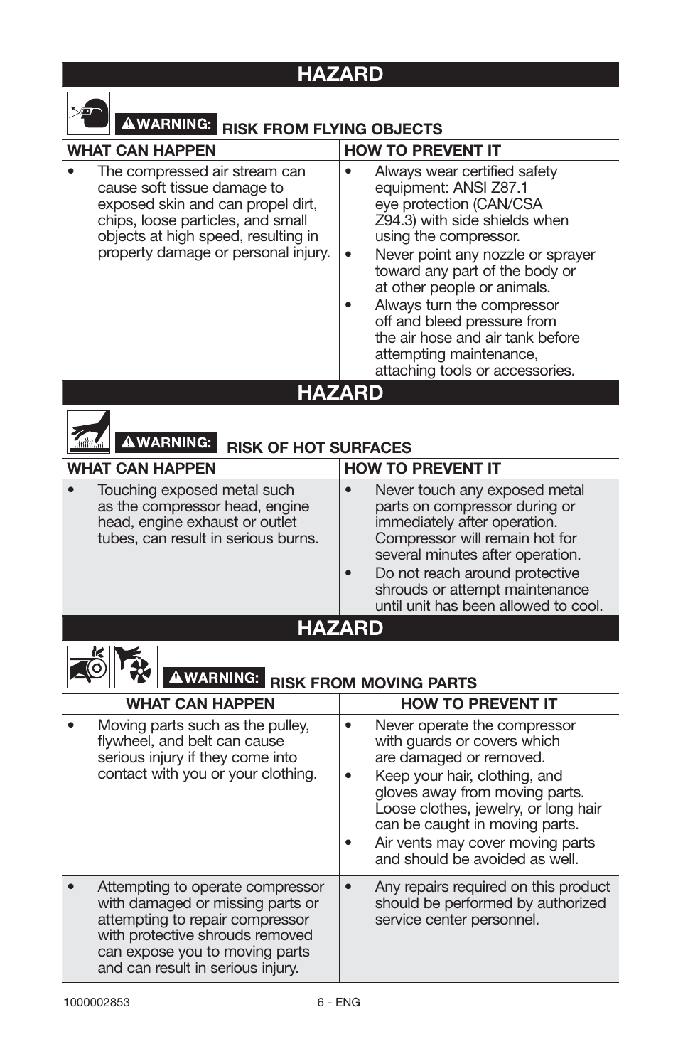 Hazard | Porter-Cable 1000002853 User Manual | Page 6 / 68