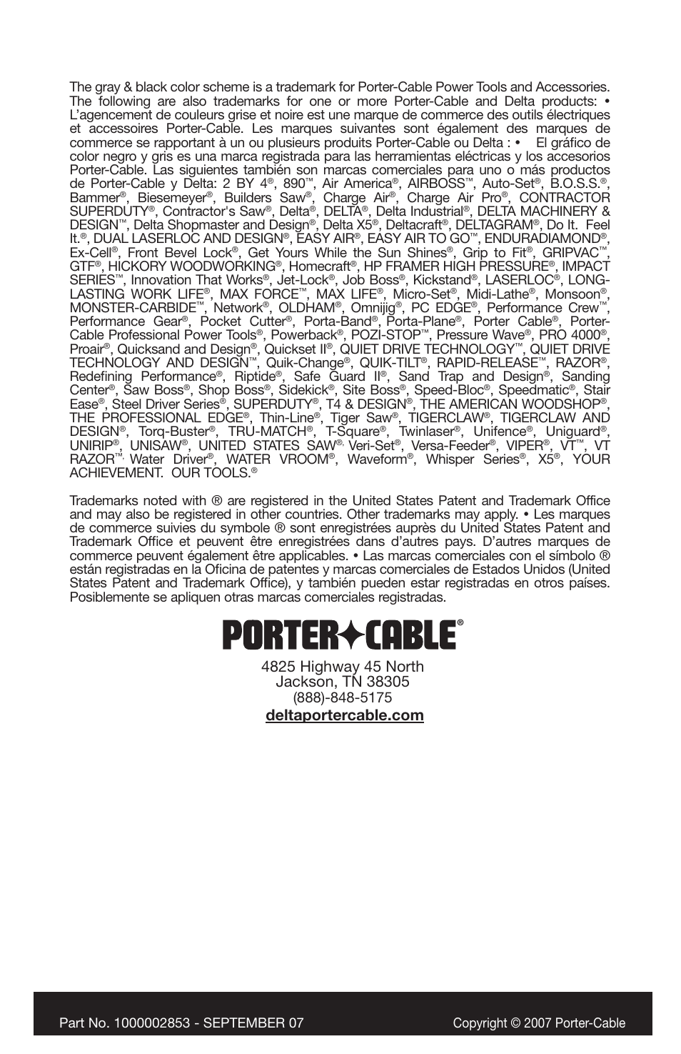 Air america, Airboss, Auto-set | B.o.s.s, Bammer, Biesemeyer, Builders saw, Charge air, Charge air pro, Contractor superduty | Porter-Cable 1000002853 User Manual | Page 68 / 68