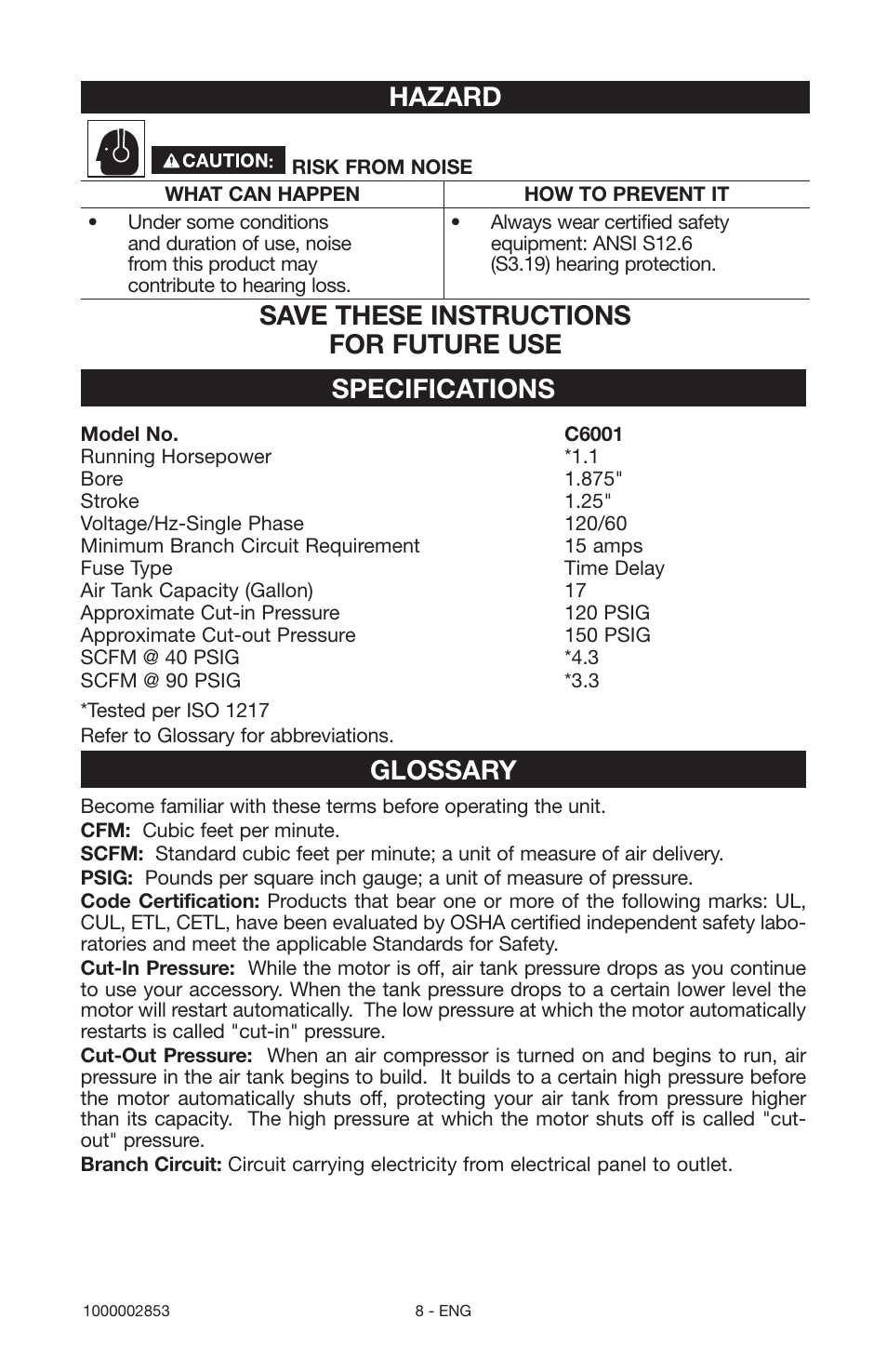Hazard, Save these instructions for future use, Specifications | Glossary | Porter-Cable 1000002853 User Manual | Page 8 / 68