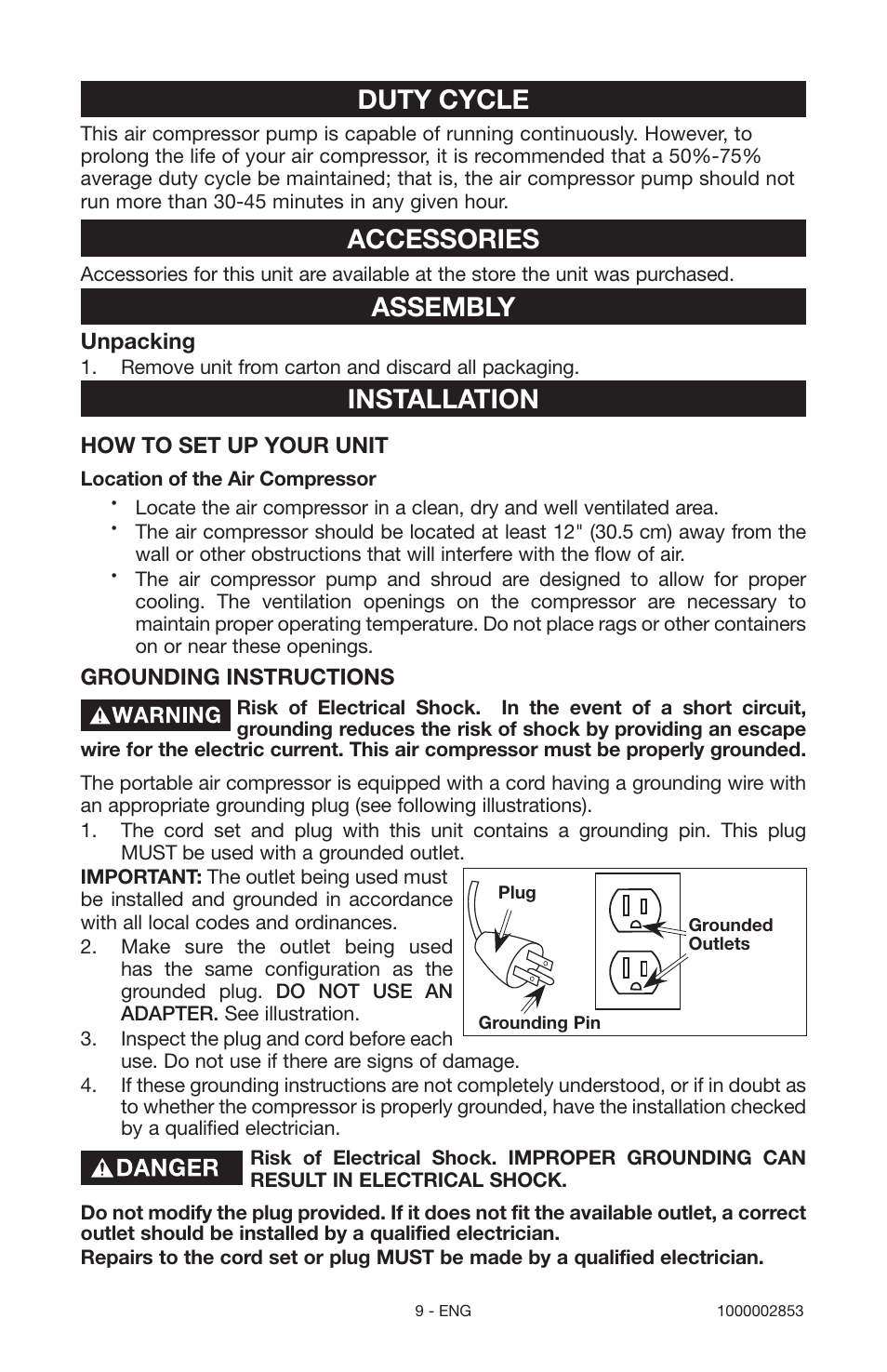 Duty cycle, Accessories, Assembly | Installation | Porter-Cable 1000002853 User Manual | Page 9 / 68