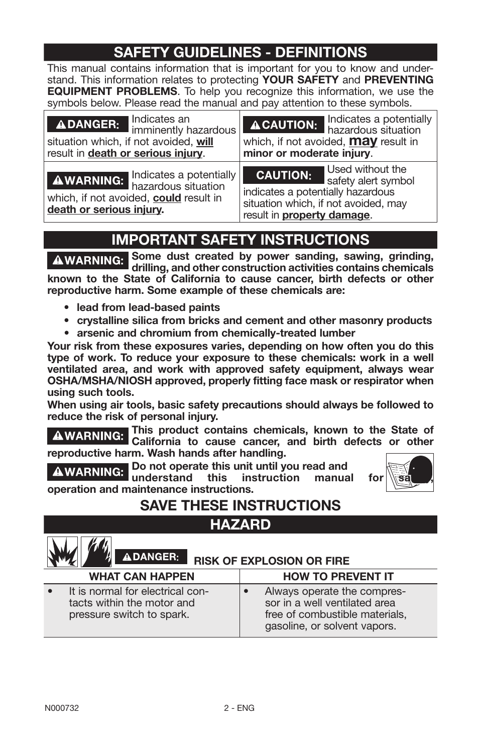 Safety guidelines - definitions, Important safety instructions, Save these instructions hazard | Porter-Cable C2025 User Manual | Page 2 / 64