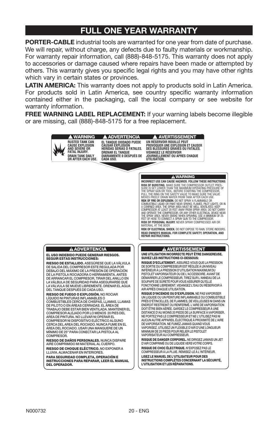 Full one year warranty | Porter-Cable C2025 User Manual | Page 20 / 64