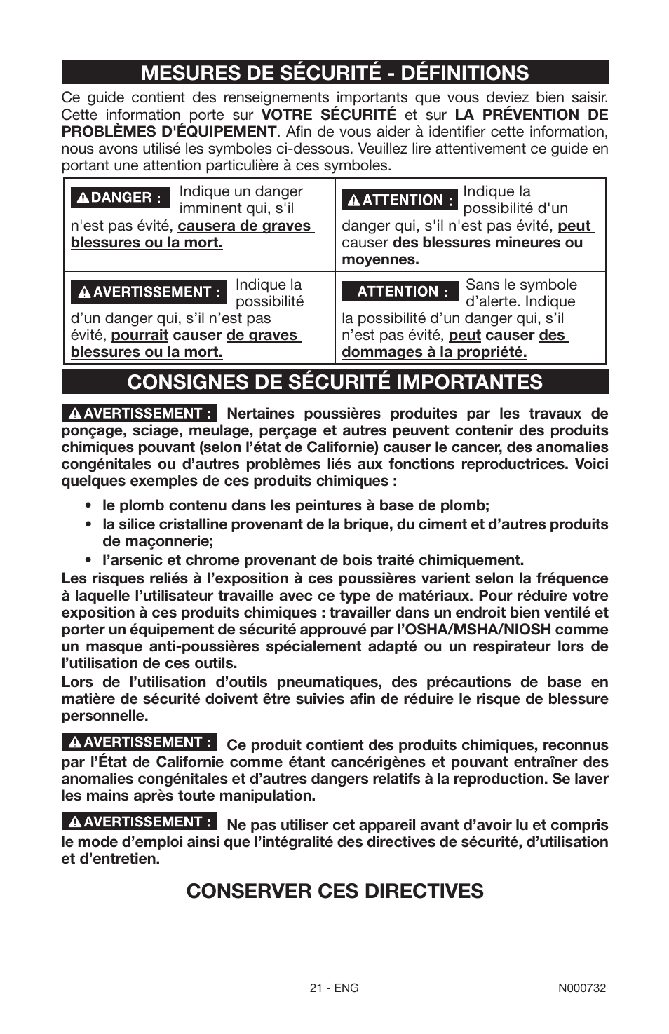 Mesures de sécurité - définitions, Consignes de sécurité importantes, Conserver ces directives | Porter-Cable C2025 User Manual | Page 21 / 64