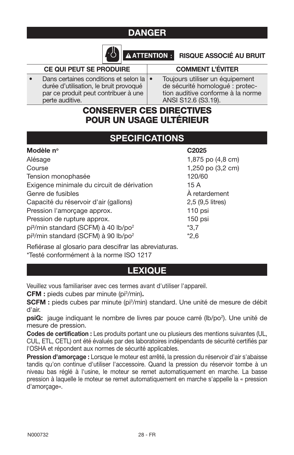 Specifications, Lexique, Danger | Conserver ces directives pour un usage ultérieur | Porter-Cable C2025 User Manual | Page 28 / 64