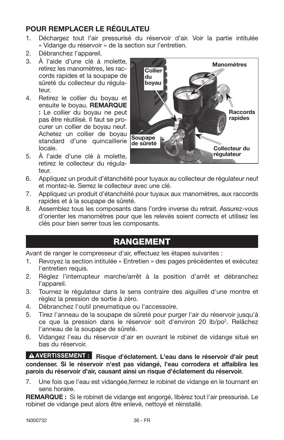 Rangement, Pour remplacer le régulateu | Porter-Cable C2025 User Manual | Page 36 / 64