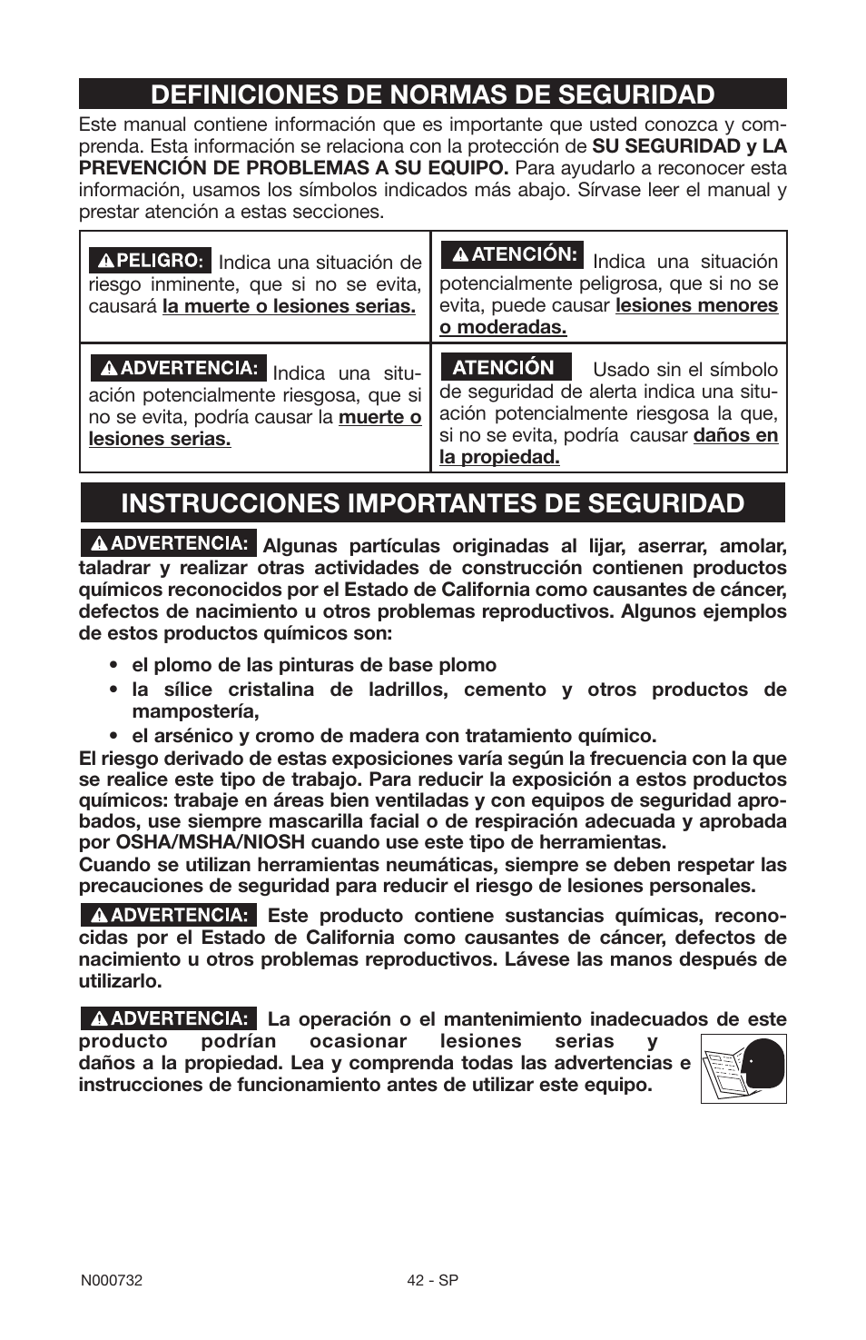 Definiciones de normas de seguridad, Instrucciones importantes de seguridad | Porter-Cable C2025 User Manual | Page 42 / 64