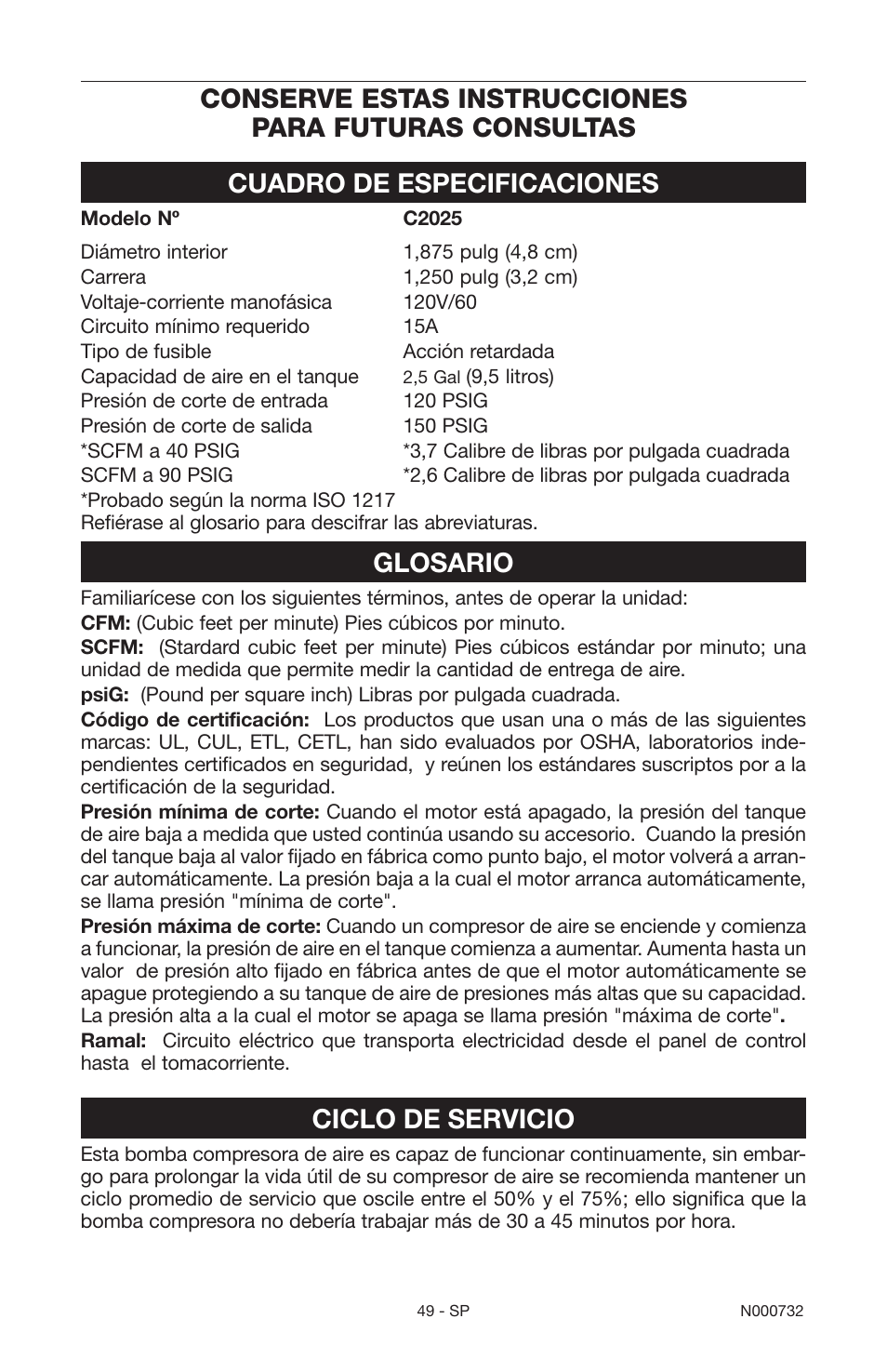 Cuadro de especificaciones, Glosario, Ciclo de servicio | Porter-Cable C2025 User Manual | Page 49 / 64