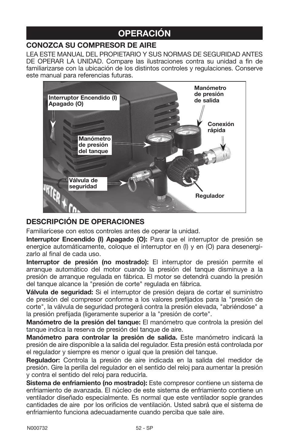 Operación, Conozca su compresor de aire, Descripción de operaciones | Porter-Cable C2025 User Manual | Page 52 / 64