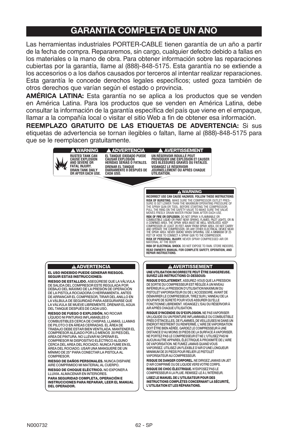 Garantía completa de un año | Porter-Cable C2025 User Manual | Page 62 / 64