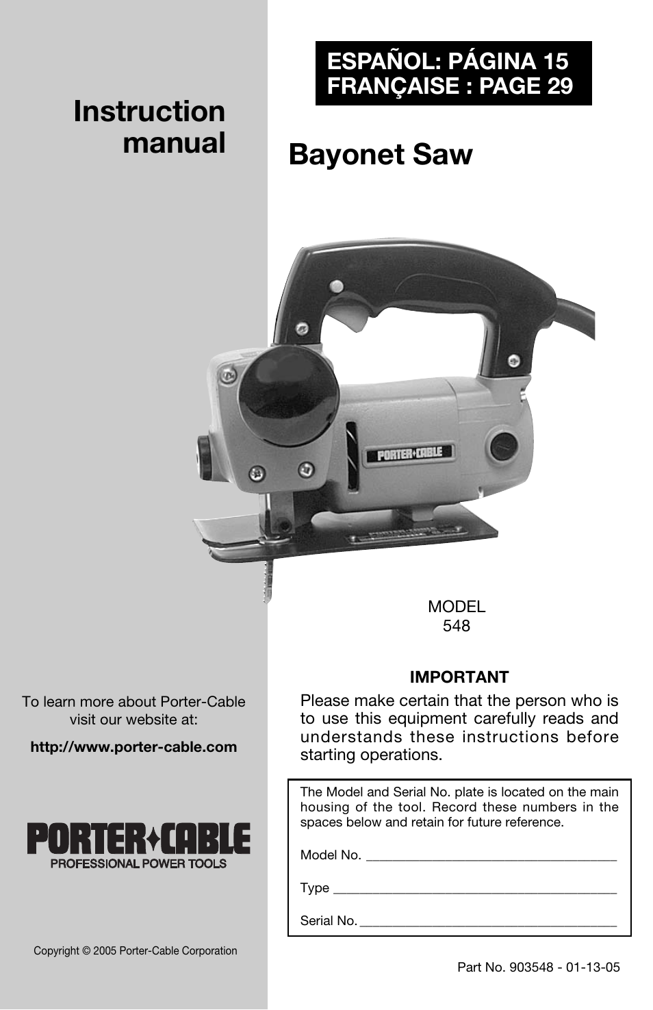 Porter-Cable Model 548 User Manual | 15 pages