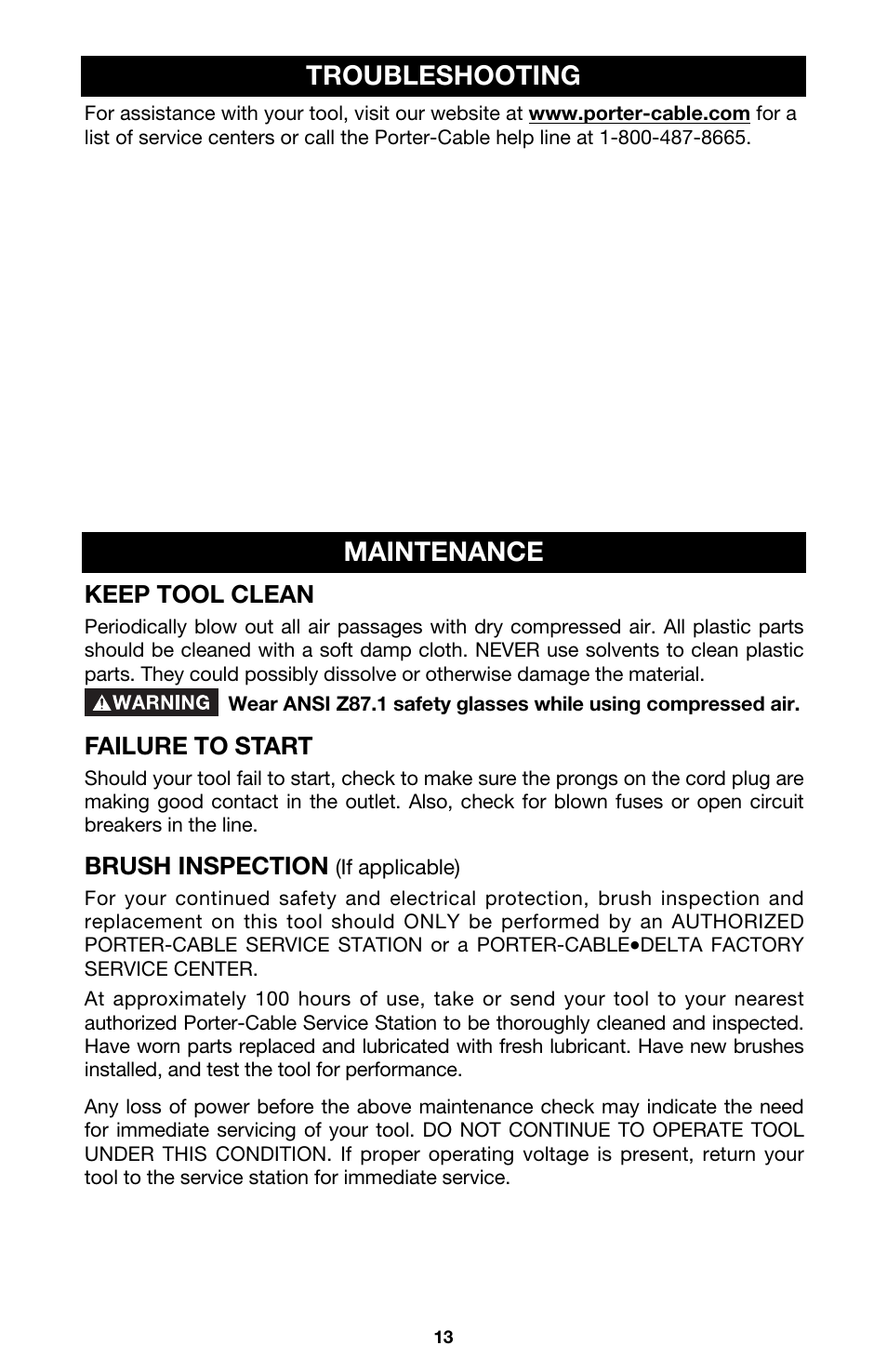 Maintenance, Troubleshooting | Porter-Cable Model 548 User Manual | Page 13 / 15