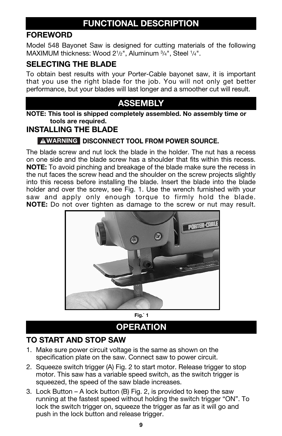 Functional description assembly, Operation, Foreword | Selecting the blade, Installing the blade | Porter-Cable Model 548 User Manual | Page 9 / 15