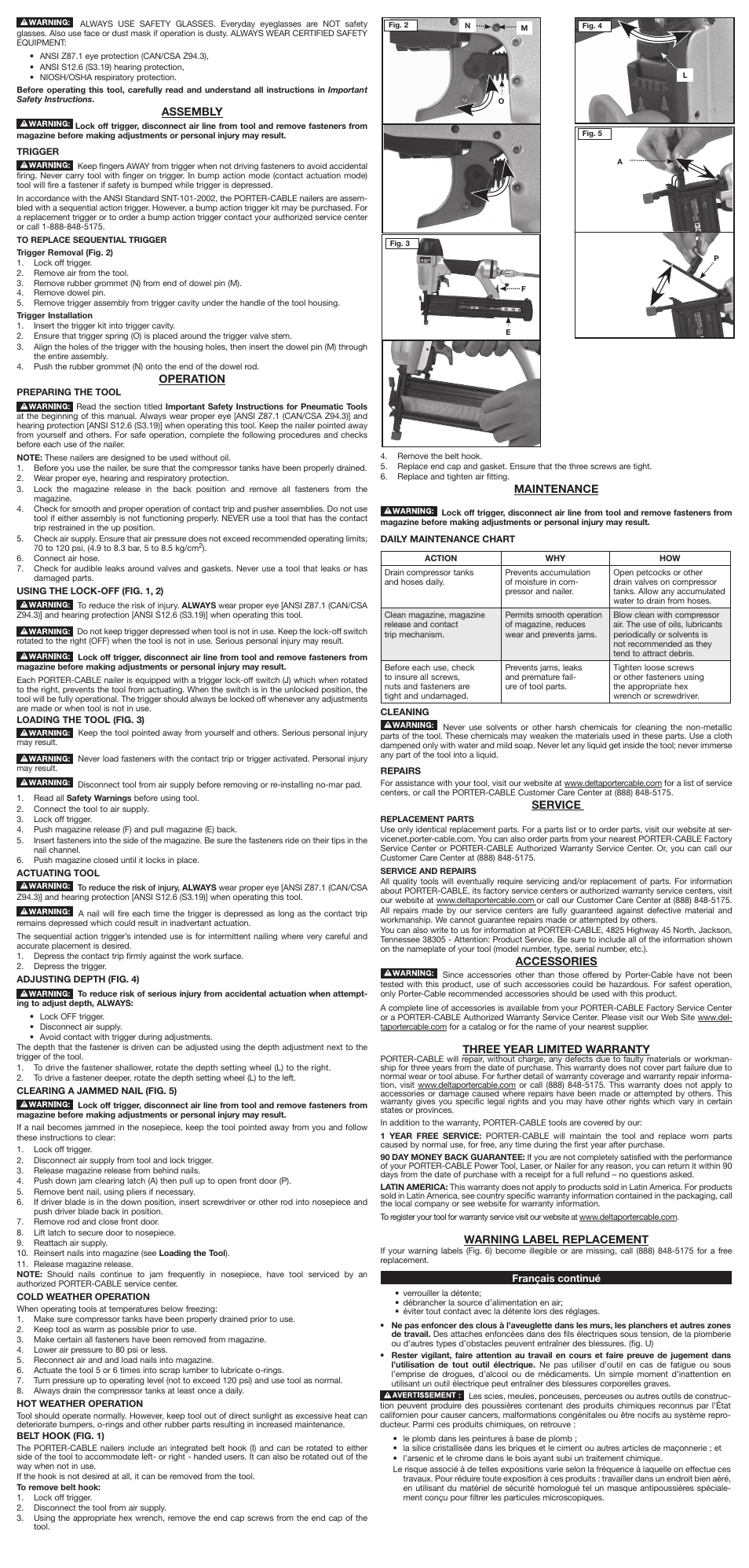 Assembly, Operation, Maintenance | Service, Accessories, Three year limited warranty, Warning label replacement | Porter-Cable N030769 User Manual | Page 3 / 7