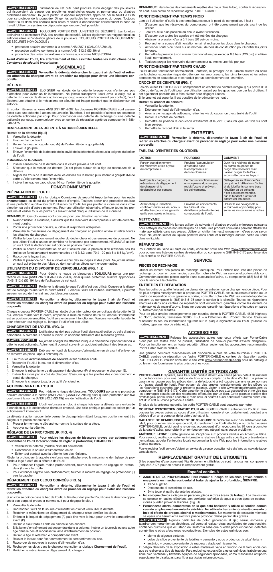 Entretien, Service, Accessoires | Garantie limitée de trois ans, Remplacement gratuit de l'etiquiette, Assemblage, Fonctionnement | Porter-Cable N030769 User Manual | Page 4 / 7