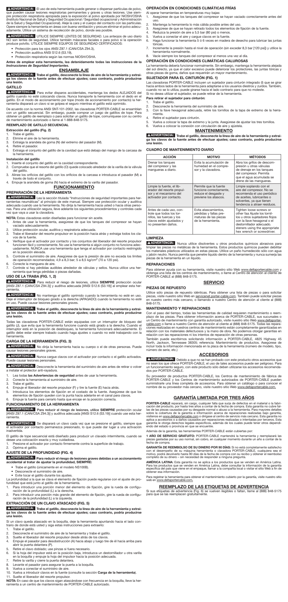 Mantenimiento, Servicio, Accesorios | Garantía limitada por tres años, Reemplazo de las etiquetas de advertencia, Ensamblaje, Funcionamiento | Porter-Cable N030769 User Manual | Page 5 / 7